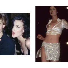 Shalom Harlow 90s-stil med Leonardo DiCaprio. En annan bild visar Shalom Harlow i en glittrig minikjol och satin-topp.