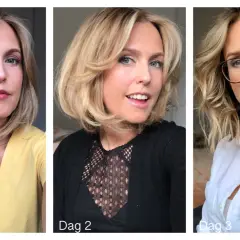 Kvinnan visar upp sin kort page med uppklippt nacke i tre olika outfits.