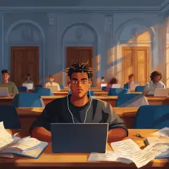 Ung man med hörlurar pluggar i ett solbelyst klassrum. Hela vibben är så *aesthetic*, en riktig *mood*.