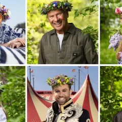 Sex personer med blomsterkransar på huvudet. En härlig sommarbild som får en att vilja lyssna på gamla sommarpratare.