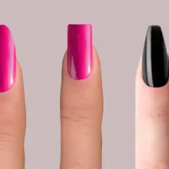 Tre fingrar visar olika nagelformer: mandelformad i rosa, fyrkantig i rosa och balerina i svart.