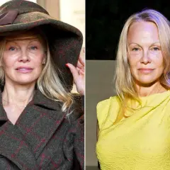 Pamela Anderson no makeup, i vänster bild med hatt och rutig kappa, i höger bild i gul klänning.