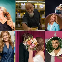 Collage med scener från svenska realityserier: par som kysser varandra, en man med skägg, en kvinna i blå kavaj, ett brudpar, och flera porträtt av deltagare.