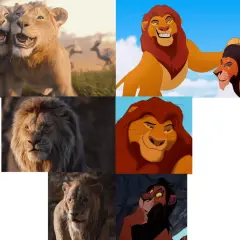 Mufasa lejonkungen och hans familj. Lejonungar som leker, Mufasa med Scar, och närbilder på lejon.