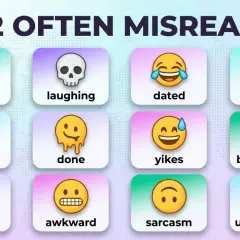 12 ofta missförstådda emojis och deras betydelse: tumme upp, dödskalle, skrattande, passiv, gråtande, klar, yikes, bittersweet, ögon, generad, sarkasm, oberörd.