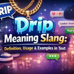 Bilden visar "Drip Meaning Slang" med sneakers, guldkedja och pratbubblor som förklarar ordet.