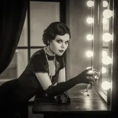 En kvinna i 1920-talsmode med pärlhalsband och långa handskar håller ett glas vin.