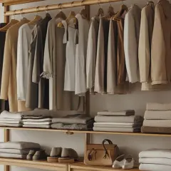 En garderob med kläder i neutrala färger, som visar en genomtänkt personlig stil. Här hänger plagg på galgar och ligger prydligt vikta på hyllor.