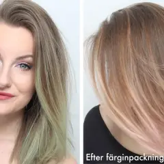 Före och efterbild på hår som fått en rosa ton efter färgning. Askobinsyra kan ge liknande resultat.