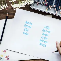 En hand skriver nordiska flicknamn som Alicia, Olivia, Ella, Ebba, Lilly, Astrid, Saga, Freja, Wilma och Maja.