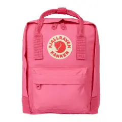 A pink Fjällräven Kånken Mini backpack with the brand's circular logo on the front.