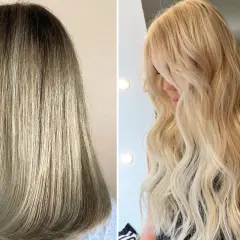 Före och efter-bilder på en hårförvandling. Vänster: mörkare, rakt hår. Höger: blont, vågigt hår med en klassisk scandinavian hairline.