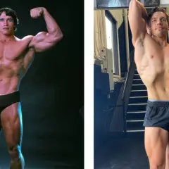 Arnold Schwarzenegger och Joseph Baena visar upp sina muskler i en jämförelse.