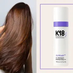 Långt, brunt hår som svajar. Bredvid en flaska K18 AirWash dry shampoo, för fräscht hår mellan tvättar.