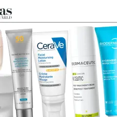 Flera solskyddsprodukter med SPF, inklusive SkinCeuticals och Bioderma, visas.