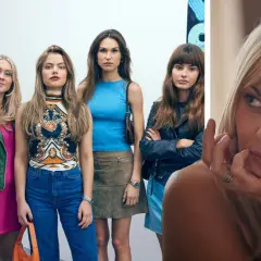 Grupp av kvinnor i modekläder. En kvinna i förgrunden, med handen vid hakan, ser fundersam ut. Detta är barracuda queens verklighet.