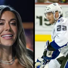 Bianca Ingrosso ler glatt medan en hockeyspelare, möjligen Patrick Cehlin, spelar.