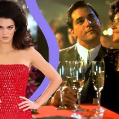 En kvinna i röd klänning bredvid ett par som skålar, en bild som framkallar känslan av en klassisk mob wife.