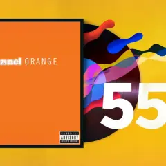 Orange skivomslag med texten "channel ORANGE" och en "Parental Advisory" etikett. Bredvid syns en vinylskiva med färgglada former och siffran 55. En hyllning till Frank Oceans nya album.
