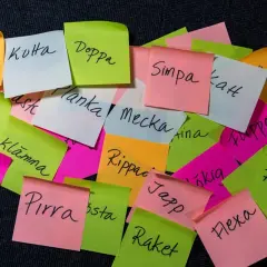 Färgglada post-it-lappar med ord som "Bázza", "Kuta", "Doppa", "Simpa", "Planka", "Mecka", "Rippac", "Japp", "Raket", "Flasha", "Flexa" och "Kran". Kanske en ordlek eller en synonymlista för skvaller?