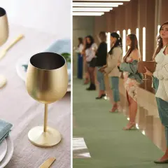 Två guldfärgade vinglas står på ett dukat bord. I bakgrunden står kvinnor uppradade, som i en dejtingtävling, kanske är kärleken blind.