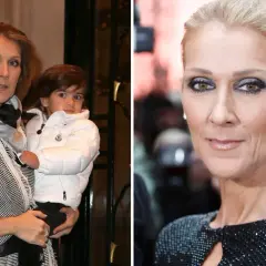 Celine Dion håller sitt barn, en pojke i vit jacka. Till höger syns Celine Dion med smink och örhängen.