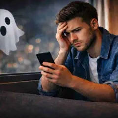 En man sitter med mobilen och ser bekymrad ut. Utanför fönstret syns en spöklik figur, som om någon vill ghosta honom.