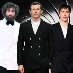 Tre män i kostym, en vit, en svart och en randig, poserar framför en Bond-inspirerad bakgrund. Kan någon av dem vara den nya James Bond?
