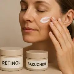Kvinna applicerar kräm på kinden. Två burkar syns, en med texten RETINOL, den andra med BAKUCHIOL.