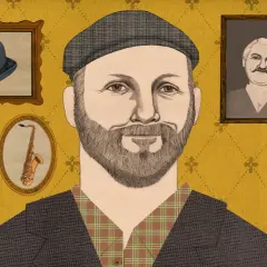Illustration of a man with a beard and cap, surrounded by framed portraits of a woman, a saxophone, two men, and a gramophone.