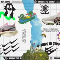 En sko och en svampkaraktär med texten "MOVE TO ZERO" som symboliserar Nikes resa mot en koldioxidfri framtid.