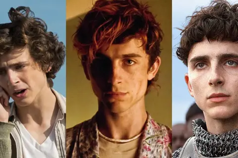 Timothée Chalamet i tre olika roller från sina filmer: en ung man som pratar i telefon, en med rött hår och blommig skjorta, och en riddare i rustning.