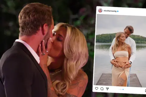 Nicci Hernestig från Love Island, gravid och lycklig med sin partner vid en sjö.