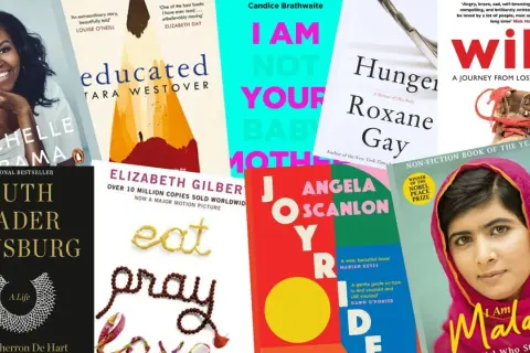 En samling omslag till **best biographies**, inklusive Michelle Obama, Ruth Bader Ginsburg och Malala Yousafzai.