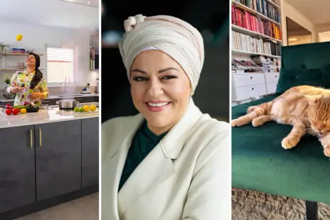 Zeina Mourtada i köket med citroner, en glad kvinna i hijab och en sovande katt.