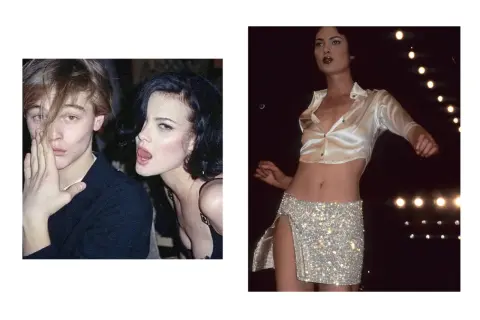 Shalom Harlow 90s-stil med Leonardo DiCaprio. En annan bild visar Shalom Harlow i en glittrig minikjol och satin-topp.