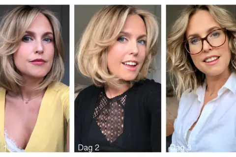 Kvinnan visar upp sin kort page med uppklippt nacke i tre olika outfits.