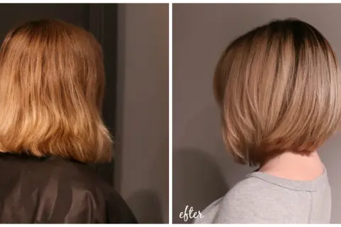 Före och efter-bilder på en kvinna som fått en snygg, kort frisyr. Trendiga korta frisyrer för kvinnor som ger en fräsch look.