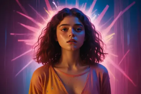 En ung kvinna med lockigt hår badar i neonljus, en känsla av ren euphoria rollista.