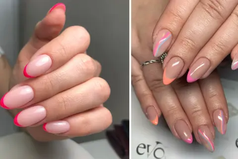 Två olika stilar av fransk manikyr. Den ena med neonrosa kanter, den andra med pastellfärgade linjer och orange kanter.