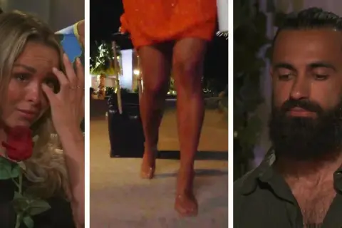 En ledsen kvinna med en ros, en kvinna i orange klänning som går, och en man med skägg. Känslosamt ögonblick i sia bachelor.