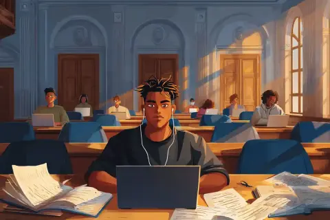 Ung man med hörlurar pluggar i ett solbelyst klassrum. Hela vibben är så *aesthetic*, en riktig *mood*.