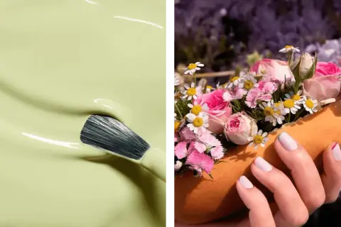 En pensel doppas i ljusgrönt nagellack. En hand med ljusa vårnaglar 2026 håller en orange form fylld med rosa blommor.