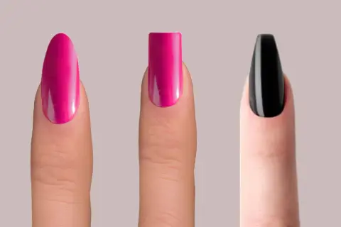 Tre fingrar visar olika nagelformer: mandelformad i rosa, fyrkantig i rosa och balerina i svart.