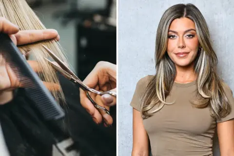 En frisör klipper blont hår, en kvinna med blont hår ler. Frågan är hur ofta ska man klippa sig för att hålla håret friskt.
