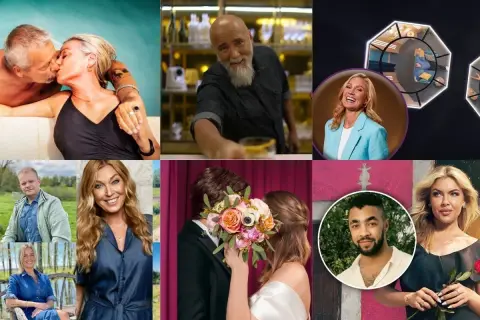 Collage med scener från svenska realityserier: par som kysser varandra, en man med skägg, en kvinna i blå kavaj, ett brudpar, och flera porträtt av deltagare.