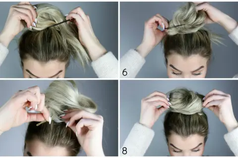 Skapa en elegant knut. Steg 5-8 visar hur man formar och fäster håret för en perfekt sleek bun.