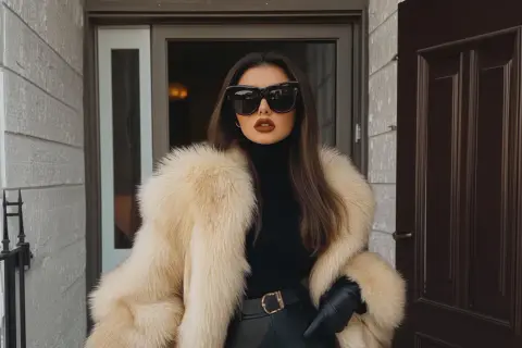 En kvinna med en lyxig pälsjacka och solglasögon, redo att möta dagen med en klassisk mob wife look.