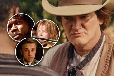 En filmisk Quentin-collage med Samuel L. Jackson, Uma Thurman och Christoph Waltz.
