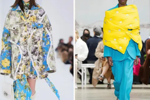 Balenciaga models visar upp unika, blommiga jackor och en modell i turkost med en stor, gul scarf.